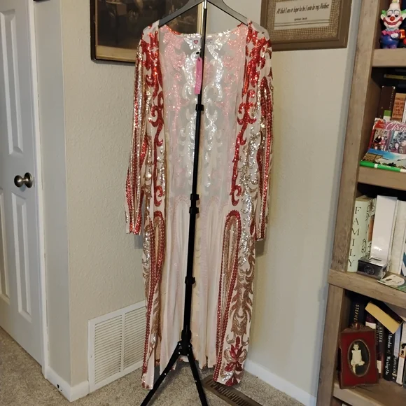 Southern Fried Chics Women's Size XXXL Red & Gold Sequin Duster Kimono - Picture 2 of 8